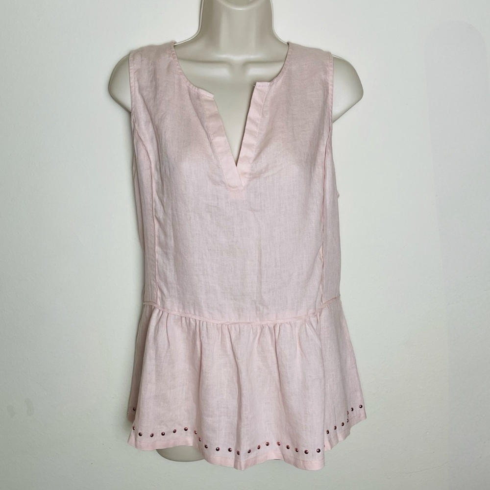 Ivanka Trump Top 100% Linen V neck Size L Rose Gold Studded Hem Sleeveless Peach